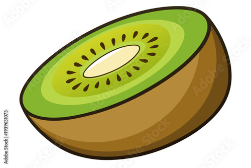 Colorful illustration of a freshly sliced kiwi fruit showing vibrant green flesh and distinctive brown skin with detailed seeds and textured exterior