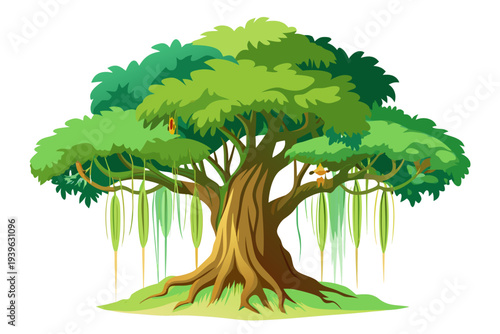 Magnificent old banyan tree with lush green foliage and hanging roots, symbolizing nature's strength and beauty on a clear white background