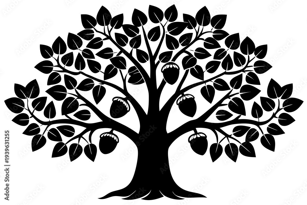 Obraz premium Intricate silhouette of oak tree with flourishing branches and leaves decorated with detailed acorns in elegant black and white design