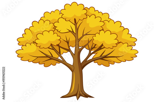 Vibrant cartoon tree with lush yellow foliage and brown trunk capturing the essence of autumn season with simplistic yet colorful design