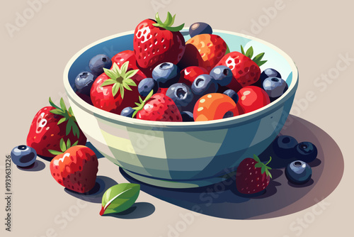 Vibrant bowl of fresh strawberries and blueberries with leaf on neutral background highlights summer berries