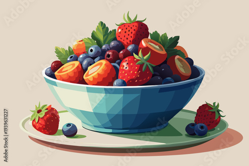 Vibrant bowl of fresh mixed berries with strawberries, blueberries, and raspberries on a light-colored background