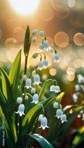 Flowers bloom in soft sunlight with a beautiful bokeh effect