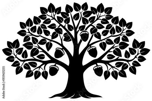 Intricate silhouette of oak tree with flourishing branches and leaves decorated with detailed acorns in elegant black and white design