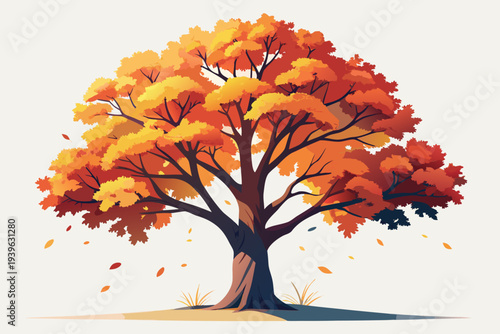 Vibrant autumn tree: lush foliage in warm orange and yellow tones capturing the essence of fall set against a crisp white background