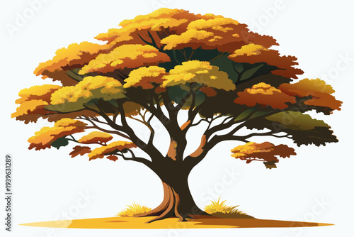 Vibrant autumn tree with lush orange and yellow foliage in tranquil natural setting