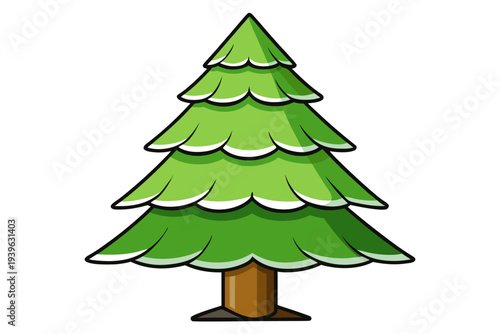 Vibrant green evergreen tree with layered branches and brown trunk on white background for nature and forestry concepts