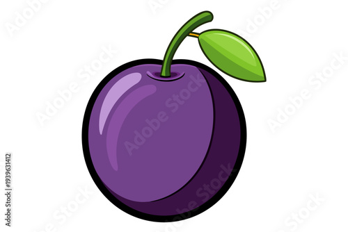 Vibrant cartoon purple plum with green leaf on white background showcasing fresh nutrient-rich fruit illustration for healthy eating and juicy fruit enthusiasts