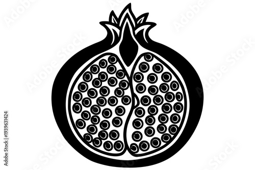 Black and white graphic of a pomegranate halved with intricate seed detailing in a simplistic design
