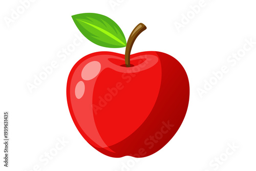 Vibrant red apple with single green leaf and brown stem against clean white background for freshness and simplicity