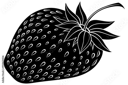 Detailed black and white illustration of a strawberry with intricate seed patterns and elaborate leaf design