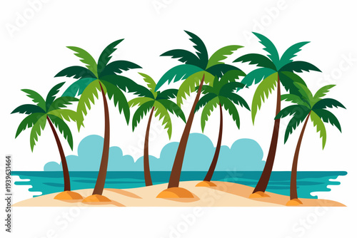 Tropical island paradise: lush palm trees, sandy beach, tranquil ocean waves, cloudy sky, serene escape