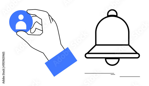 Hand grasping user avatar alongside outlined notification bell. Ideal for user profiles, account management, notifications, data updates, app UIUX, reminders, communication. Simple flat metaphor