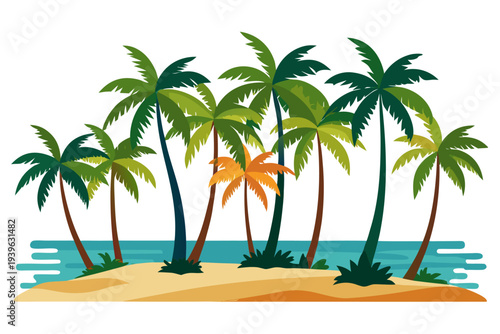 Vibrant tropical island with lush palm trees and serene ocean waves in a tropical paradise setting