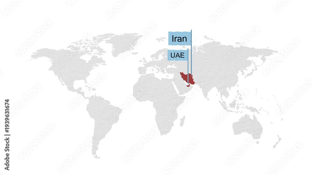 Fototapeta premium Iran and UAE map highlighted on world map 0102 digital illustration graphic visual image suitable for design projects presentations marketing material