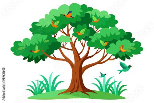 Lush green tree with colorful birds and surrounding grass in a vibrant nature scene