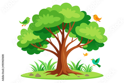 Vibrant green tree with birds in a lush garden setting against a white background for nature and wildlife enthusiasts