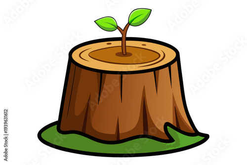 Cartoon tree stump with green sprout and leaves, symbolizing nature, growth, and renewal on a simple white background