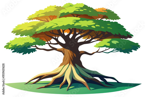 Lush green tree with dense foliage and strong roots in a vibrant nature setting on white background