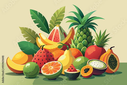 Tropical fruit assortment with watermelon, pineapple, bananas, mango, and papaya on green background with leafy accents