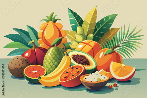 Tropical fruit arrangement with pineapple, mangosteen, papaya, banana, orange, and dragon fruit amidst vibrant green leaves