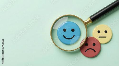 Magnifying glass focusing on happy face emoji, customer satisfaction concept