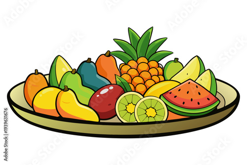 Colorful assorted fruits platter featuring pineapple mango kiwi watermelon papaya on a decorative plate