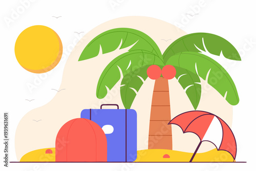 Tropical beach scene with palm tree, luggage, backpack, and umbrella under a bright sun