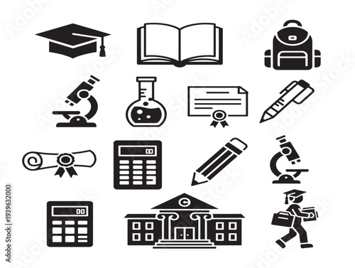 Educational icons set with books, graduation cap, and science tools
