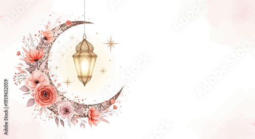 Vector illustration of crescent moon with lantern and flowers for Ramadan or Islamic design