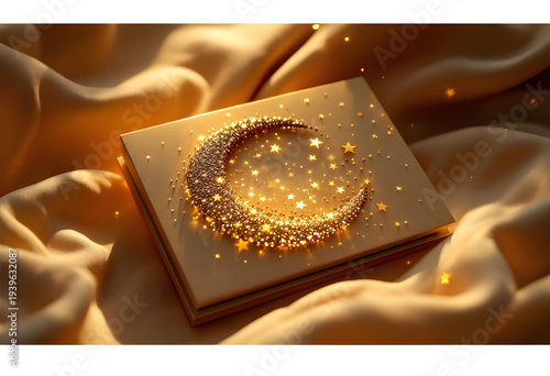 A shaker-style Eid card with a clear window containing tiny gold stars