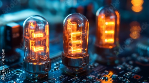 Wallpaper Mural Neon filled voltage control tubes on a circuit board glowing brightly with orange light in a dark background Torontodigital.ca