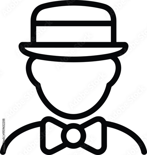 Gentleman icon with bowler hat, vintage character symbol, formal attire outline, classic bow tie vector, stylized man illustration, retro logo design