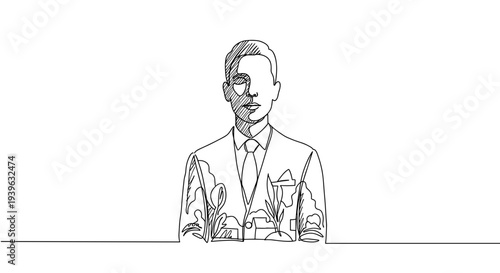 Simple contour drawing of a business professional in a suit standing confidently on a transparent background