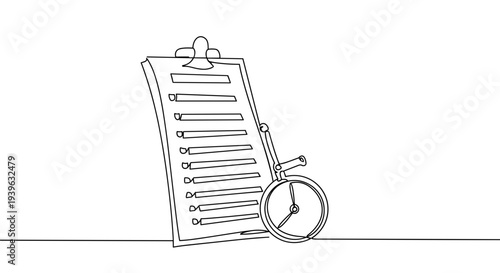 Simple contour drawing of a clipboard and clock on a transparent background, representing time management and organization in a minimalistic style