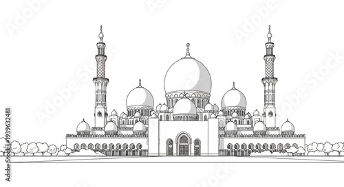 Vector illustration of a mosque with domes and minarets