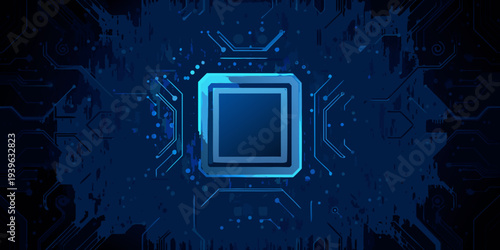 Abstract blue circuit board with a central glowing square element