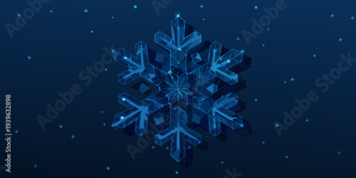 Isometric digital rendering of a complex glowing blue snowflake design
