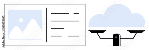 Data storage, cloud computing, identity management, technology balance, digital records, information security. Weighing scale beside cloud storage and ID card. Data storage and cloud computing