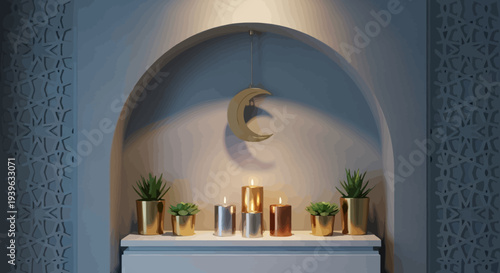 Vector illustration of Ramadan decorations with candles and plants