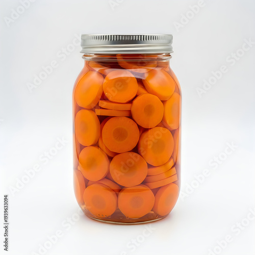 Glass jar filled with pickled carrot slices in brine