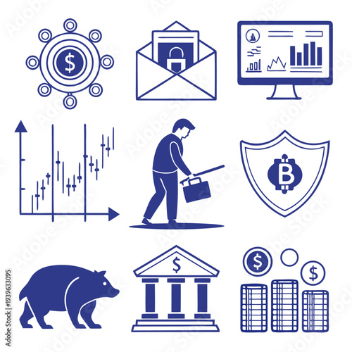 Minimal blue vector icons illustrating diverse financial concepts: secure transactions, market analysis, cryptocurrency, banking, economic indicators, and market trends for modern digital designs.