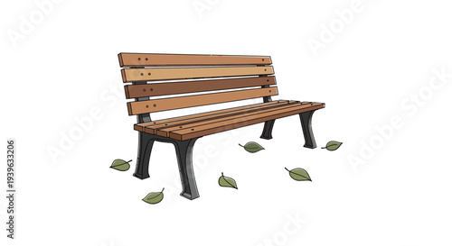 Empty wooden park bench with scattered green leaves on a white background. Outdoor seating for public spaces and gardens.