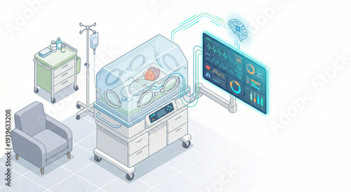 Isometric AI monitoring neonatal incubator in maternity ward