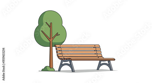 Minimalist vector illustration of a classic wooden park bench with a lush green tree. Outdoor graphic element for nature, rest, and public spaces.