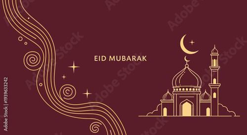 Eid Mubarak vector illustration with mosque and crescent moon