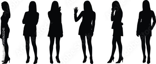 Female silhouette icon set, standing poses, fashion illustration graphics, body language symbols, gesture elements, character modeling, vector line design
