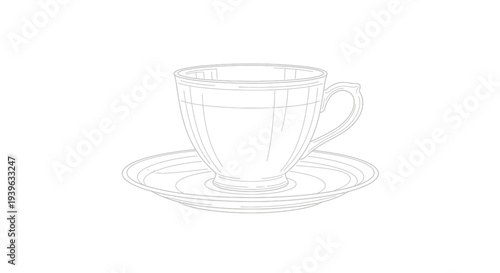 Elegant line art vector illustration of an empty teacup and saucer. Minimalist outline drawing for hot beverages, coffee or tea.