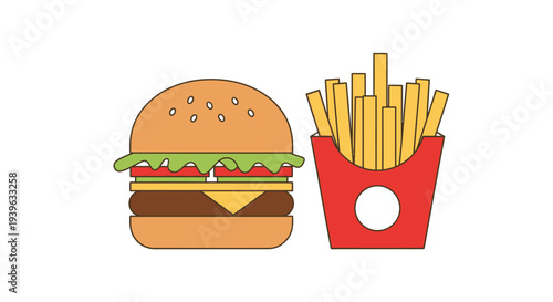 Flat design illustration of a classic cheeseburger with sesame seeds and golden french fries in a red carton box on white background.