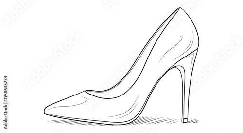 Elegant High Heel Shoe Line Art Illustration. Fashionable Women's Stiletto Pump Sketch for Apparel and Footwear Design Elements.